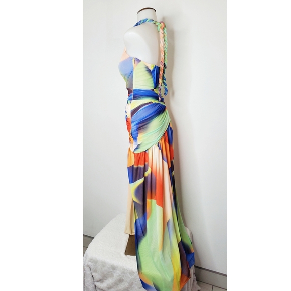 NICHOLAS Bristol Ruched Printed Mesh Halterneck Multicolor Slit Midi Dress - Picture 4 of 14